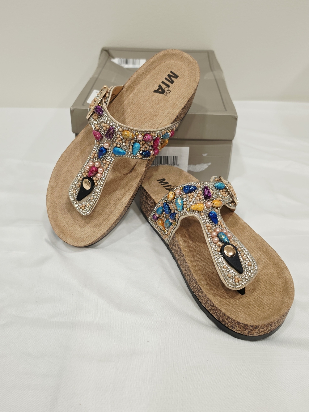 MIA Taylee Multicolor Jeweled Tan Thong Sandals